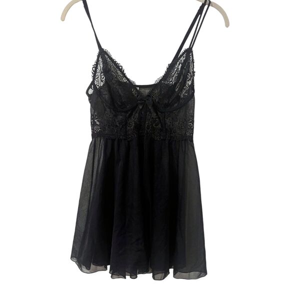 DKNY Top Womens Small Black Sheer Lace Babydoll Y2K Whimsigoth Dark Fairy - Picture 1 of 13
